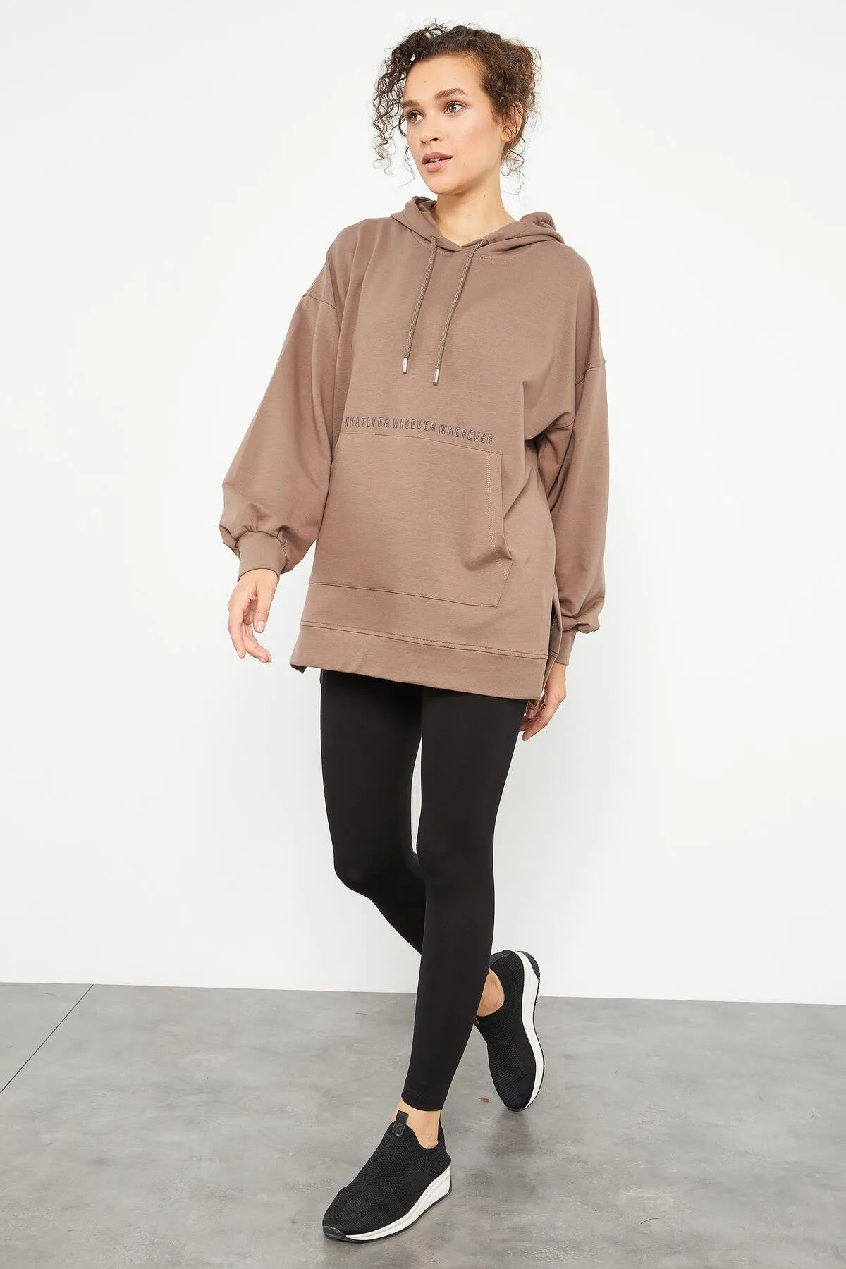 balon kol yazi nakişli kadin oversize tunik sweatshirt - 97163