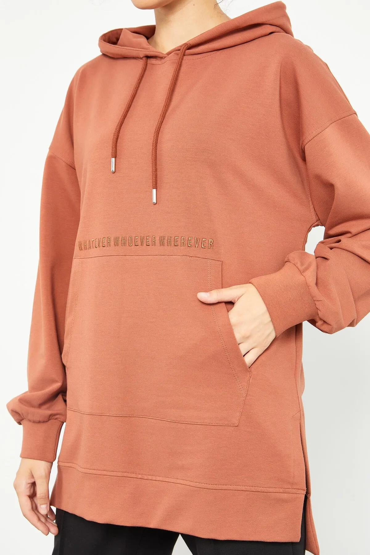 balon kol yazi nakişli kadin oversize tunik sweatshirt - 97163