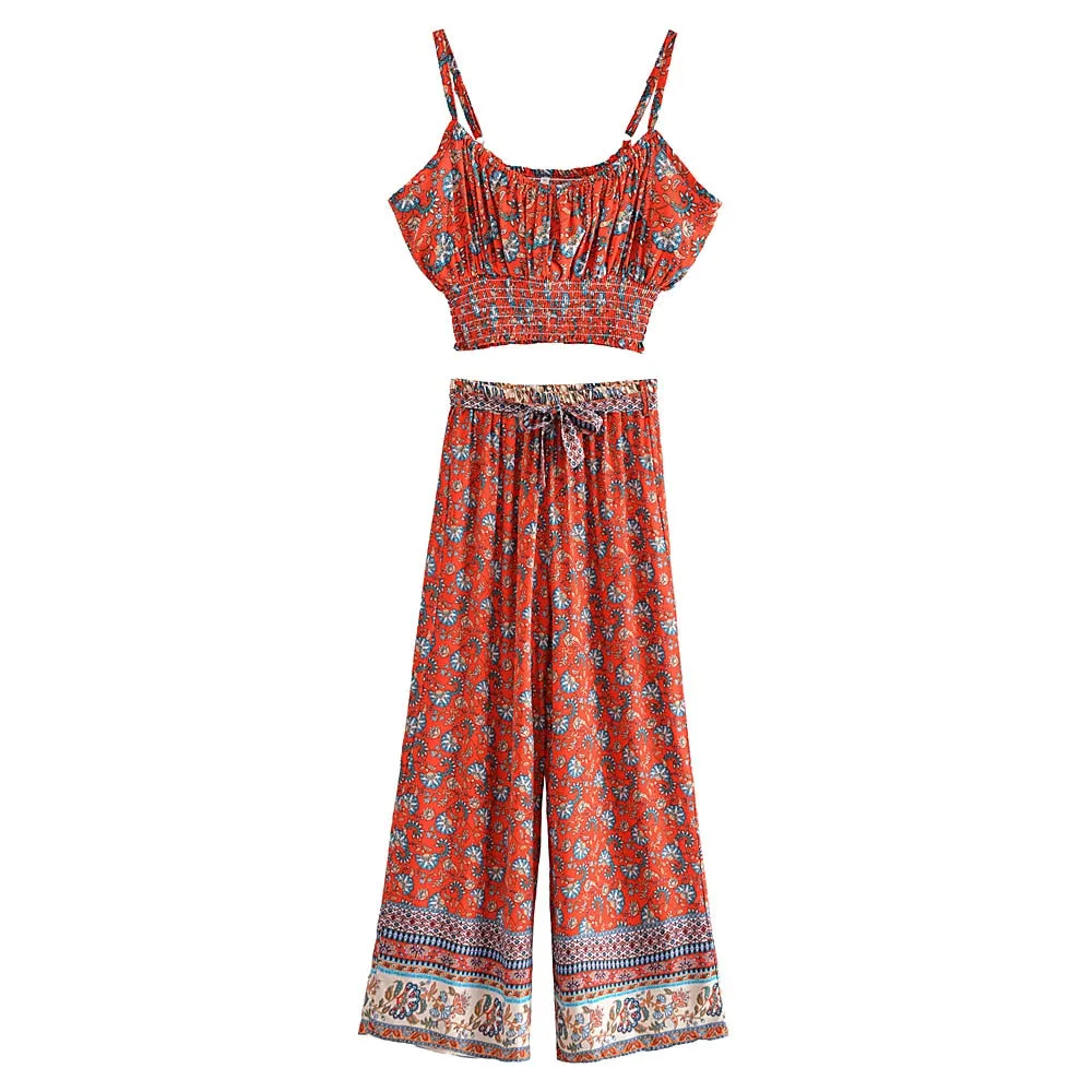 Bohemian Floral Print Crop Top with Wide Leg Pants
