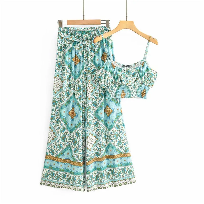 Bohemian Floral Print Crop Top with Wide Leg Pants