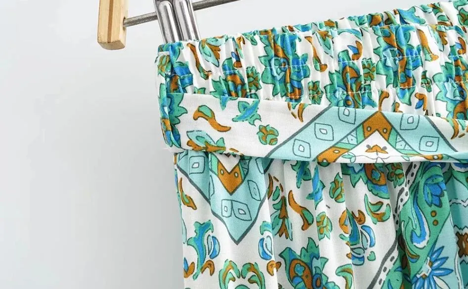 Bohemian Floral Print Crop Top with Wide Leg Pants