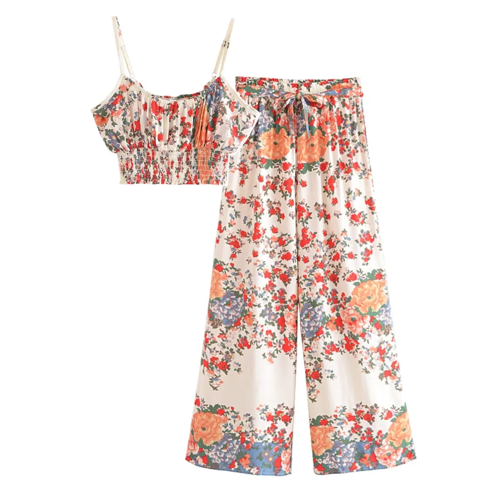 Bohemian Floral Print Crop Top with Wide Leg Pants