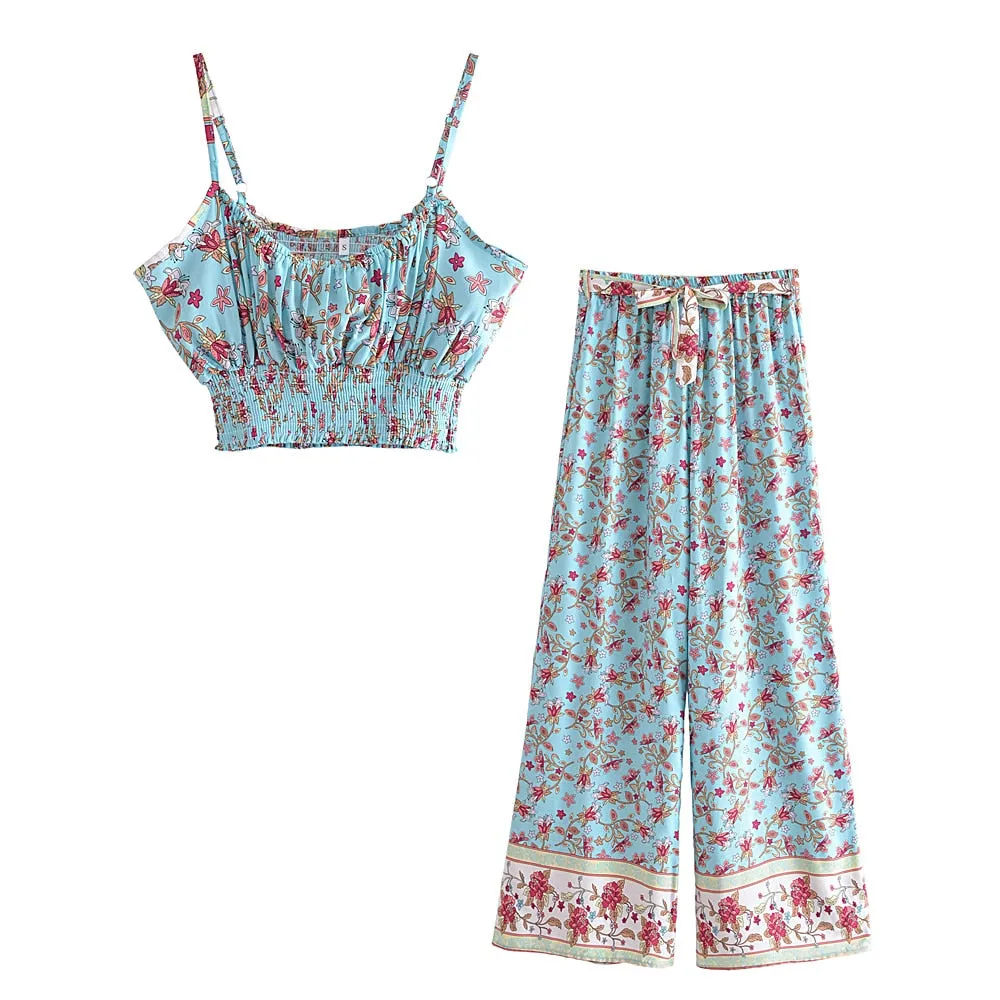 Bohemian Floral Print Crop Top with Wide Leg Pants