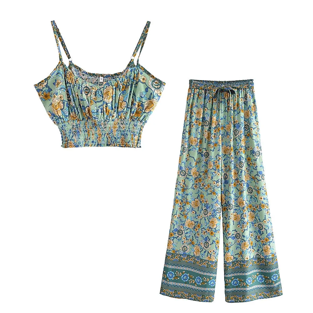 Bohemian Floral Print Crop Top with Wide Leg Pants