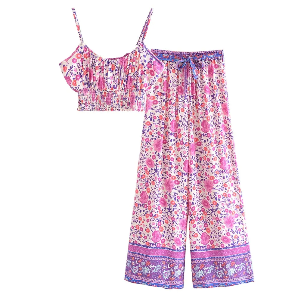 Bohemian Floral Print Crop Top with Wide Leg Pants