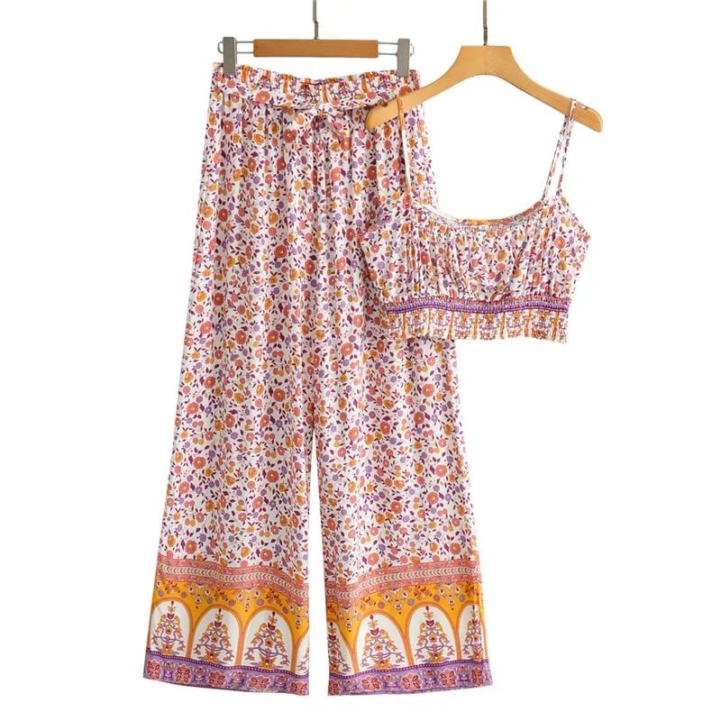 Bohemian Floral Print Crop Top with Wide Leg Pants