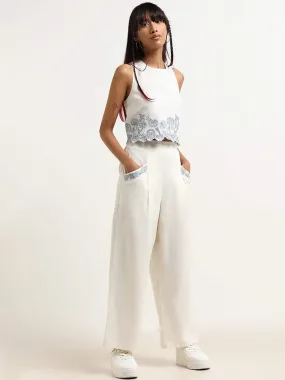 Bombay Paisley White Embroidered Cotton Blend Pants