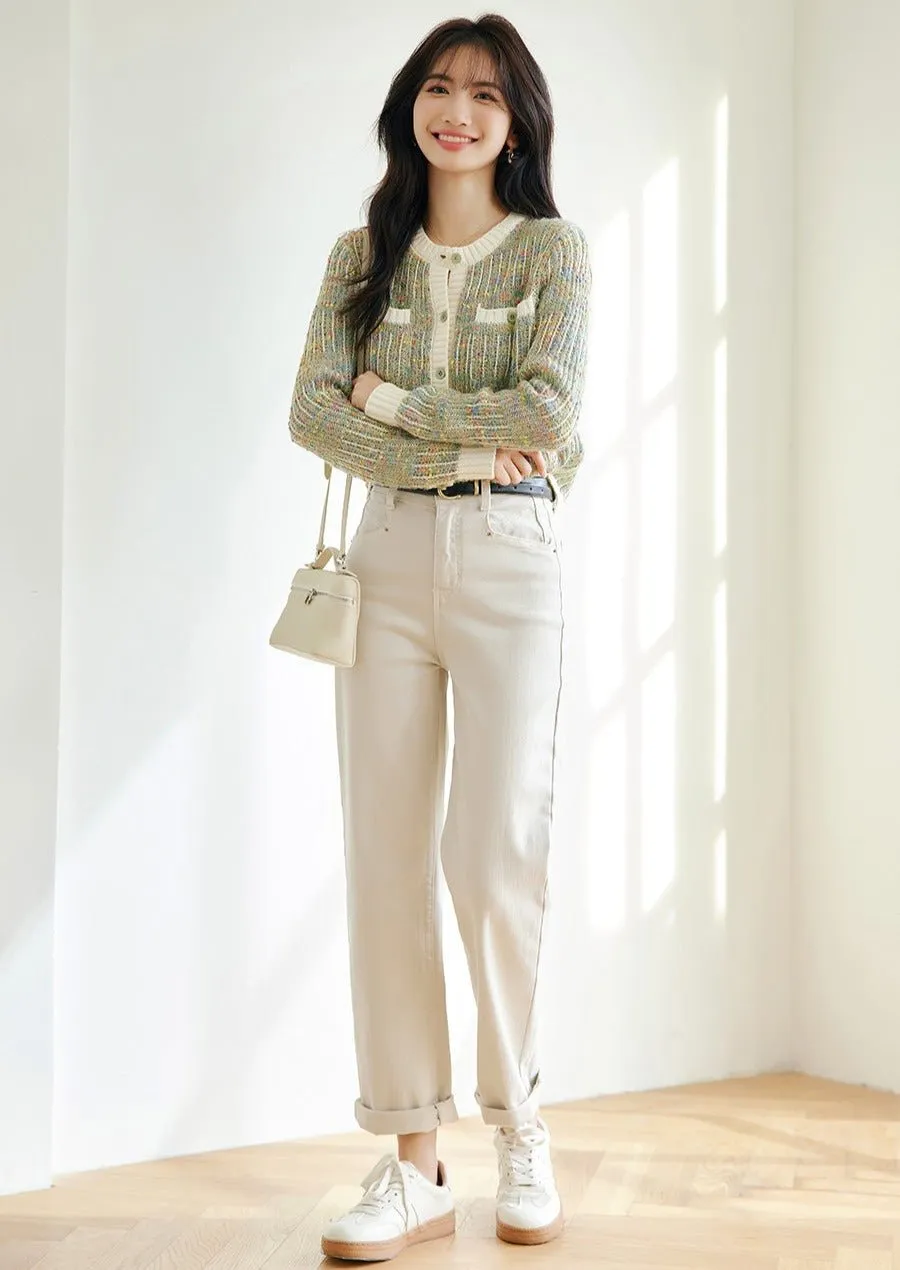 COLORFUL FLOWER CREW NECK KNIT CARDIGAN