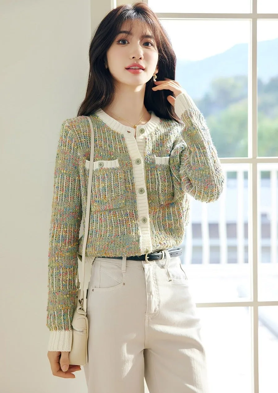 COLORFUL FLOWER CREW NECK KNIT CARDIGAN