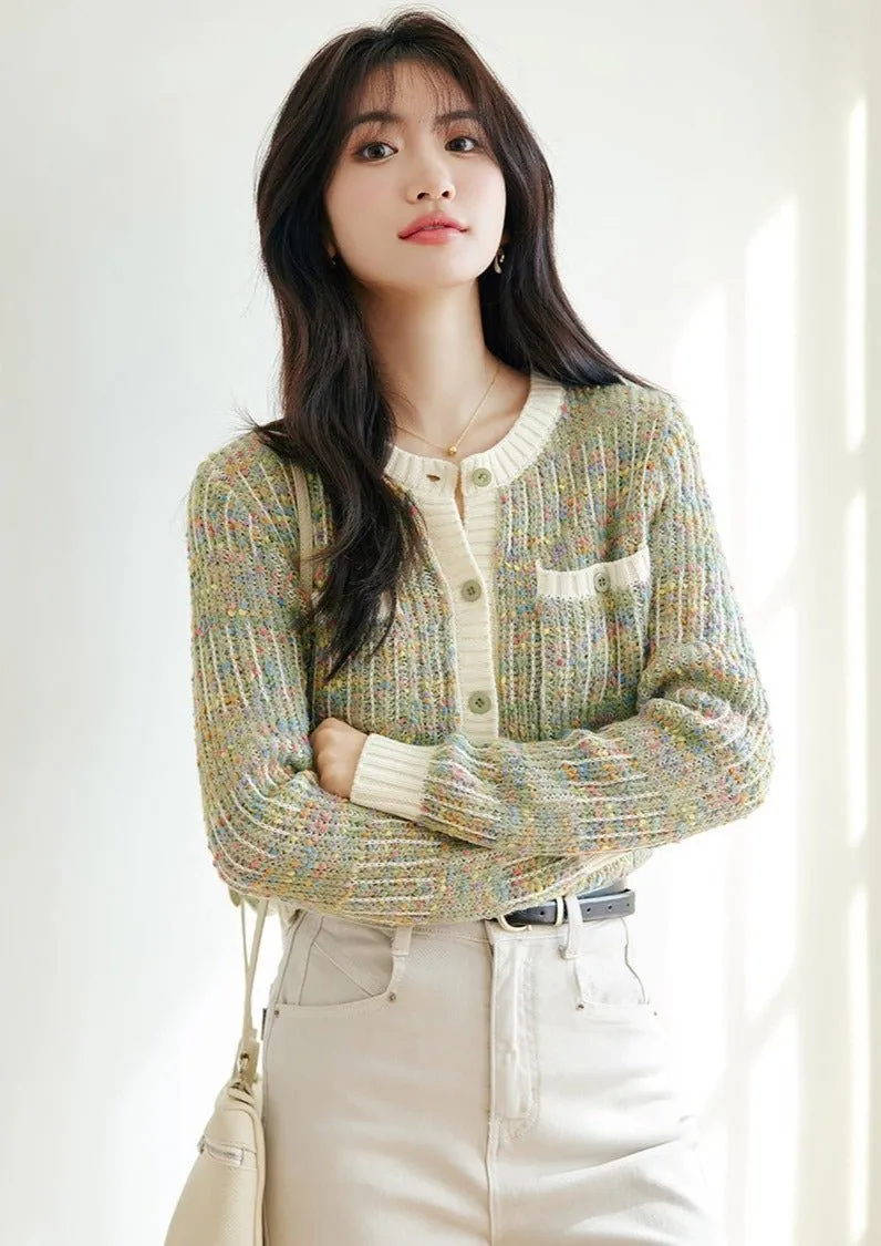 COLORFUL FLOWER CREW NECK KNIT CARDIGAN
