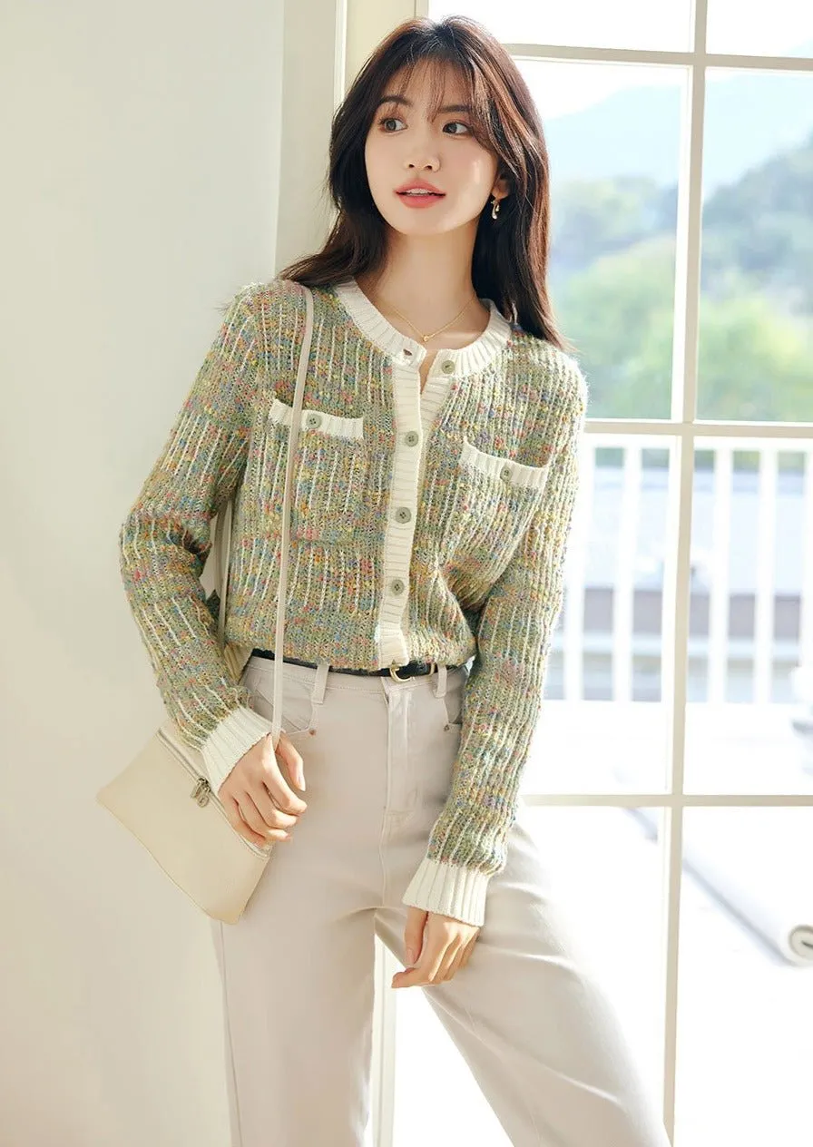COLORFUL FLOWER CREW NECK KNIT CARDIGAN