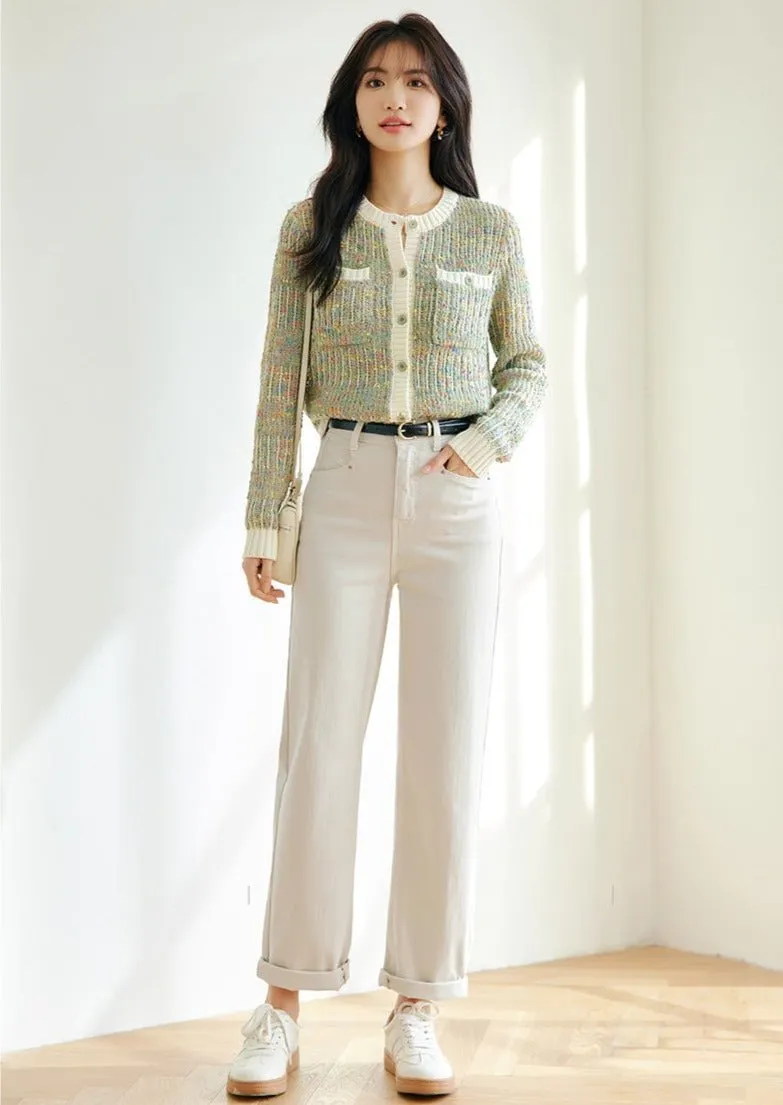COLORFUL FLOWER CREW NECK KNIT CARDIGAN