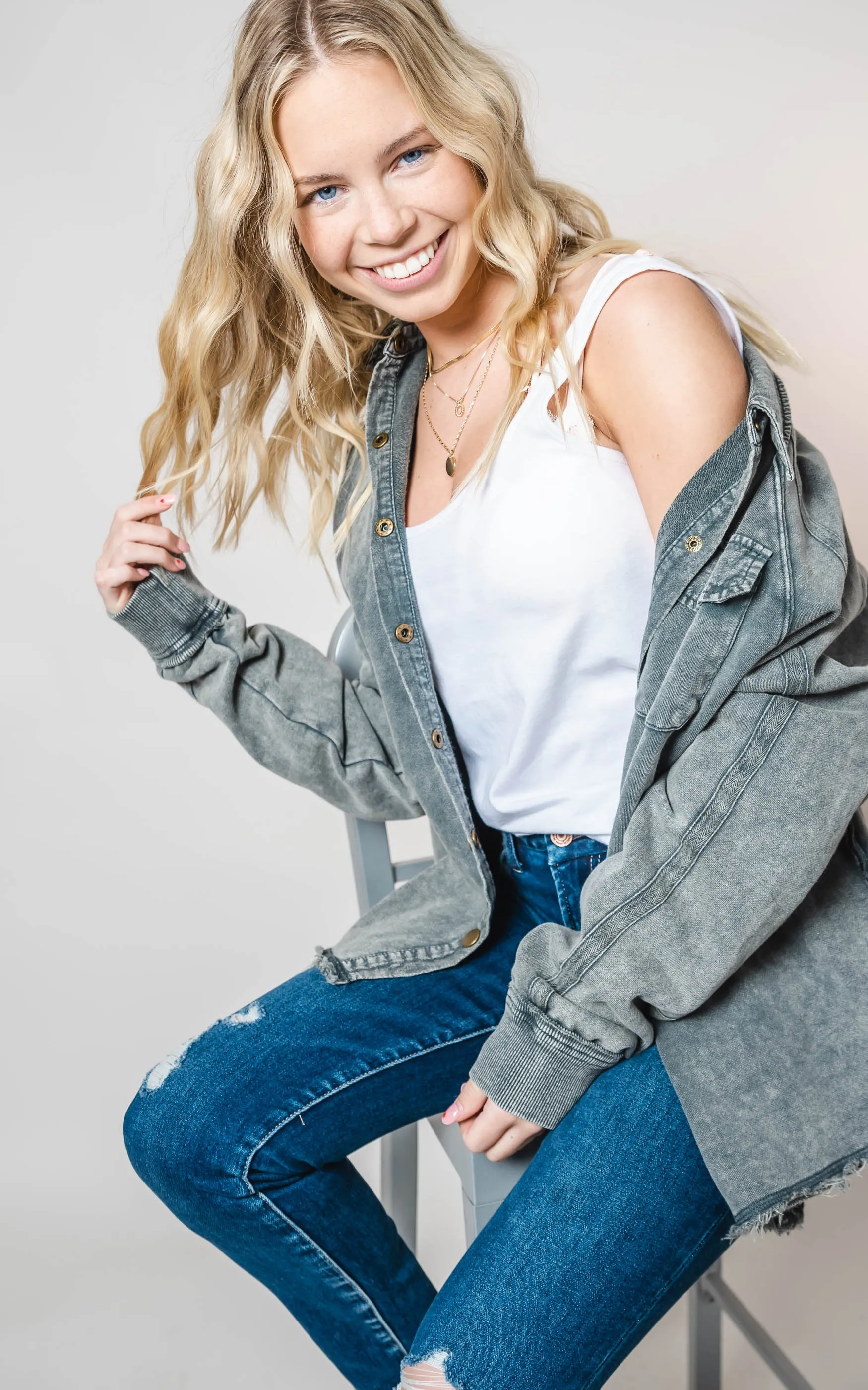 French Terry Washed Button Up Crop Sweatshirt - Final Sale