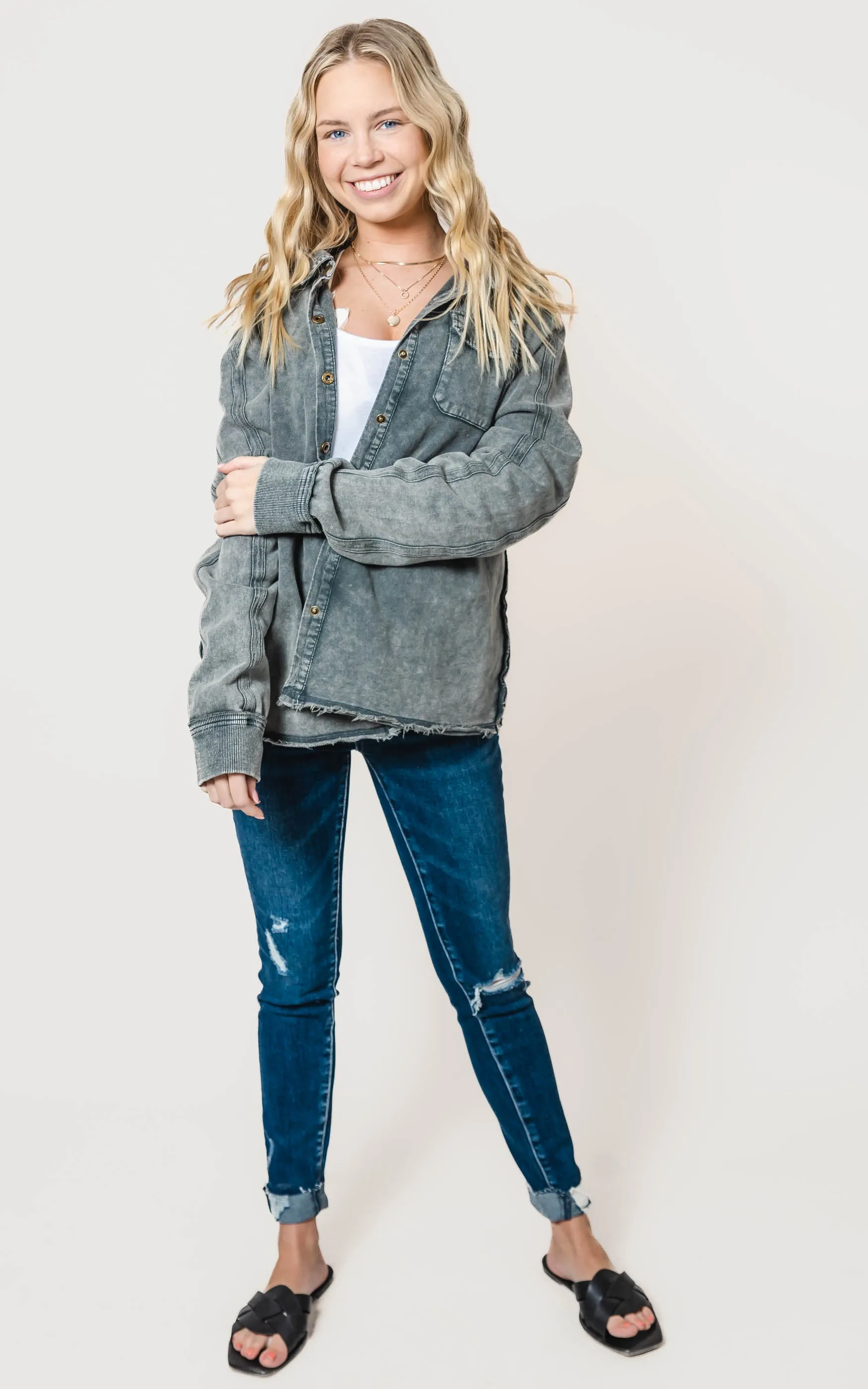 French Terry Washed Button Up Crop Sweatshirt - Final Sale