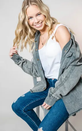French Terry Washed Button Up Crop Sweatshirt - Final Sale