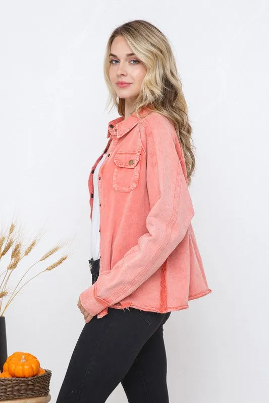 French Terry Washed Button Up Crop Sweatshirt - Final Sale