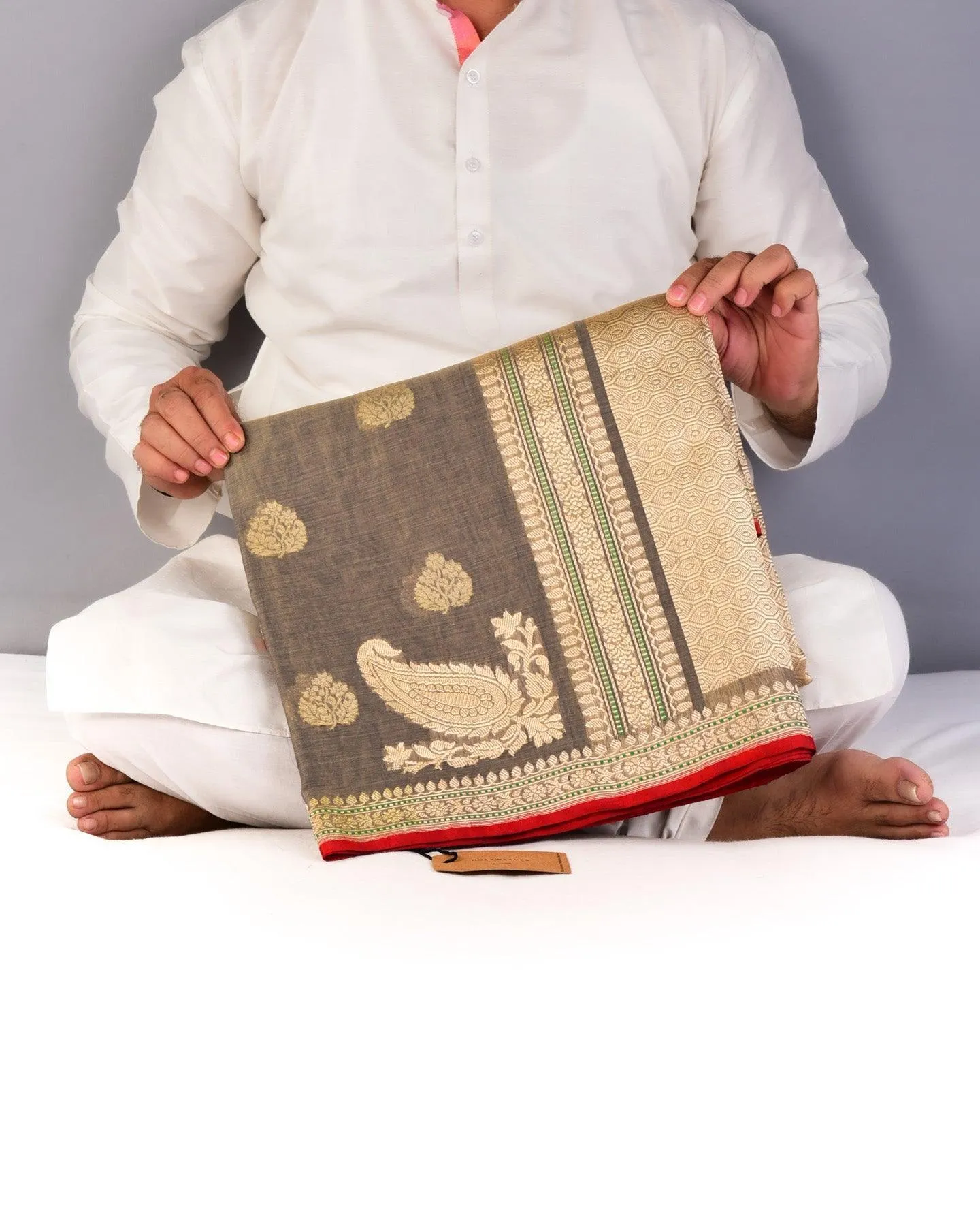 Gray Banarasi Buti Ektara Cutwork Brocade Handloom Cotton Saree