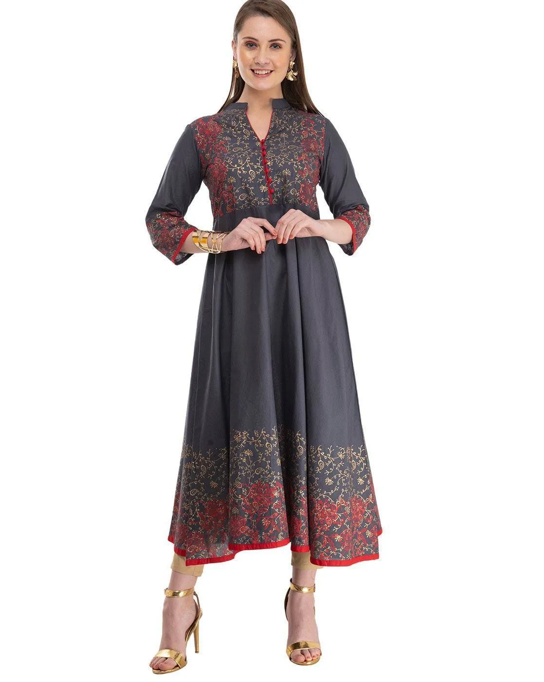 Grey Printed Anarkali Kurta
