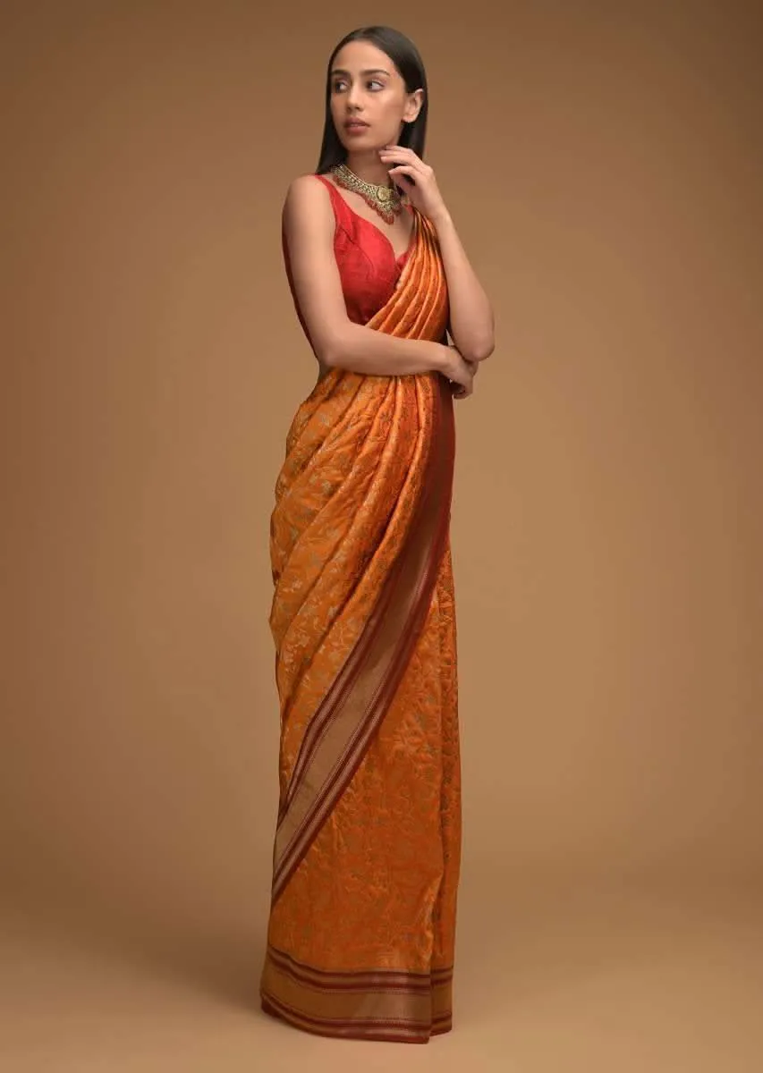 Honey Yellow Banarasi Saree In Silk With Brocade Woven Floral Jaal And Maroon Brocade Border Along With Unstitched Blouse Online - Kalki Fashion