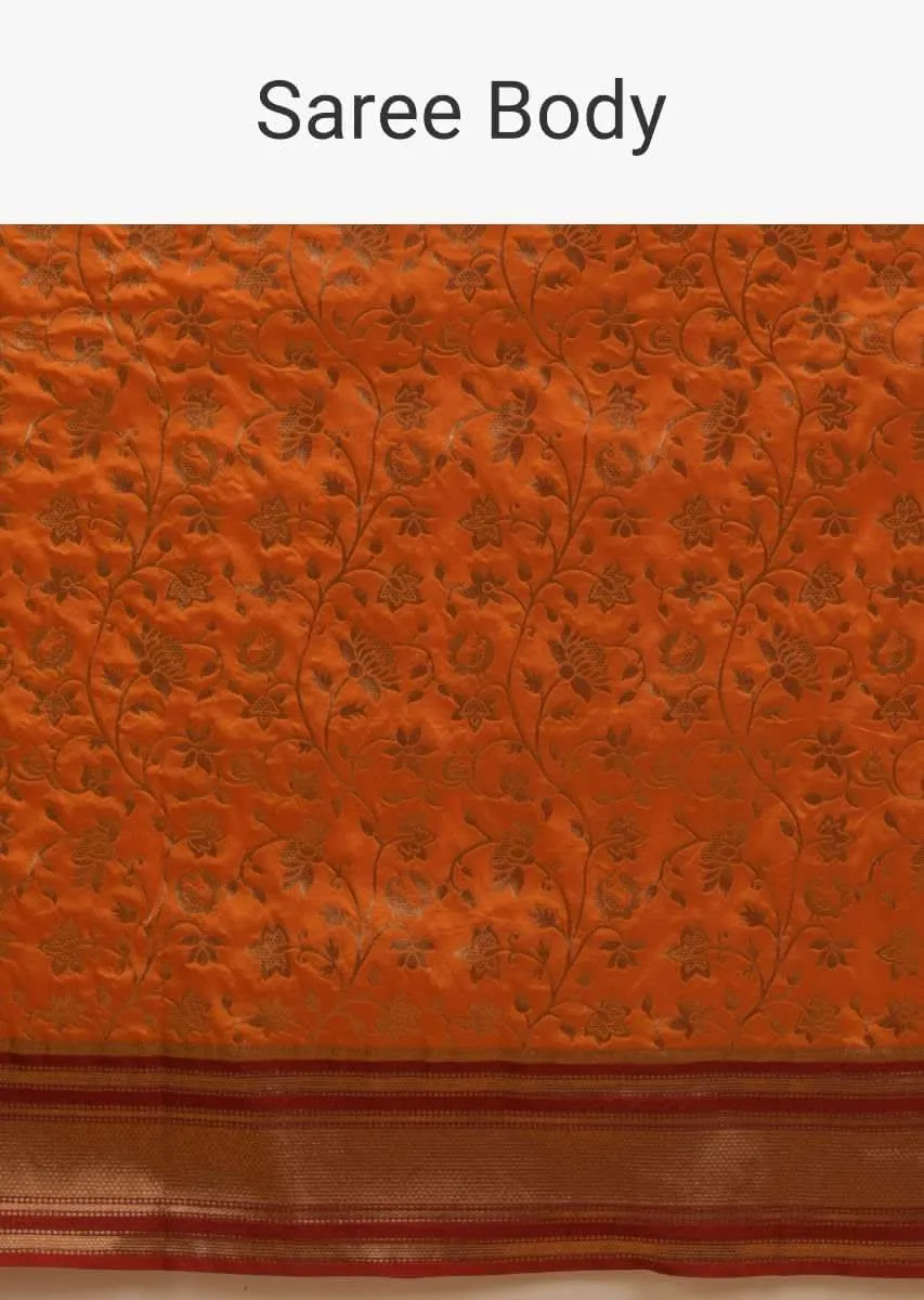 Honey Yellow Banarasi Saree In Silk With Brocade Woven Floral Jaal And Maroon Brocade Border Along With Unstitched Blouse Online - Kalki Fashion