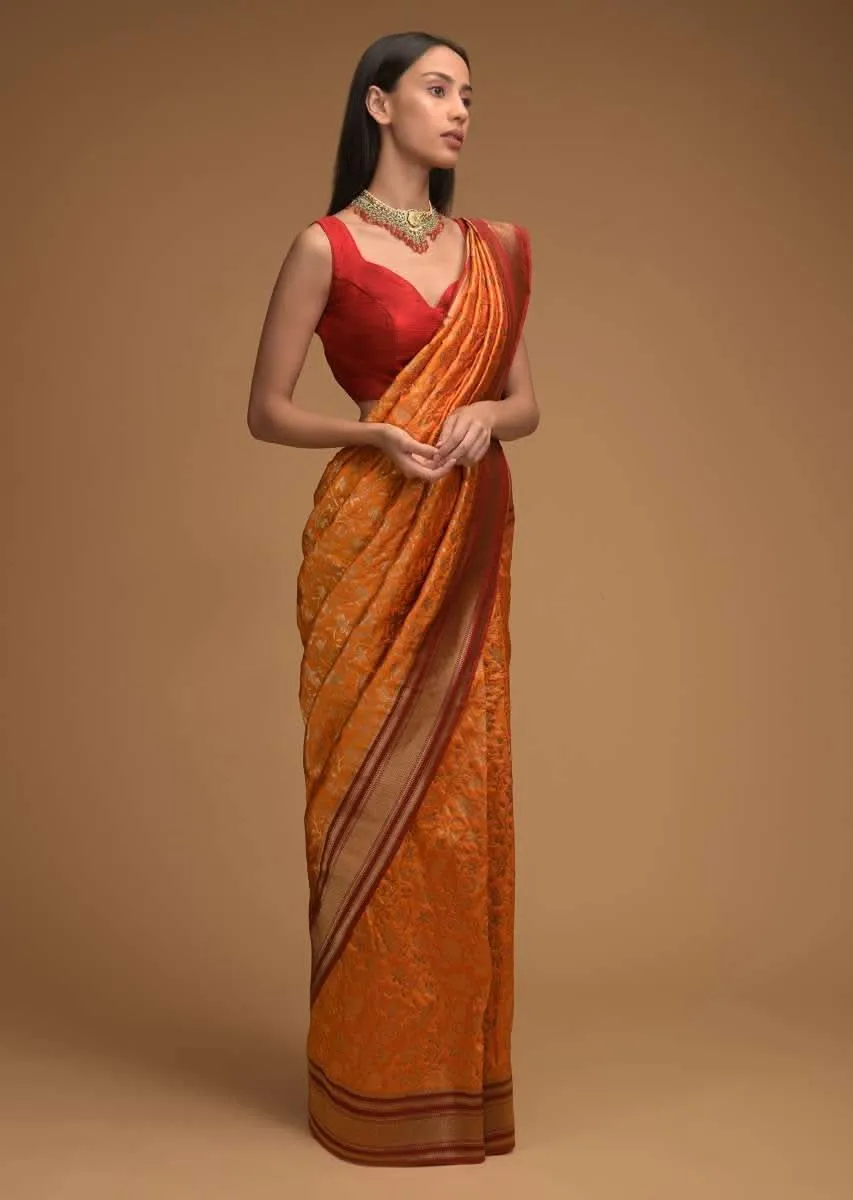 Honey Yellow Banarasi Saree In Silk With Brocade Woven Floral Jaal And Maroon Brocade Border Along With Unstitched Blouse Online - Kalki Fashion