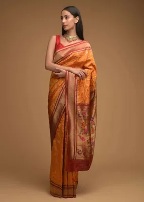 Honey Yellow Banarasi Saree In Silk With Brocade Woven Floral Jaal And Maroon Brocade Border Along With Unstitched Blouse Online - Kalki Fashion