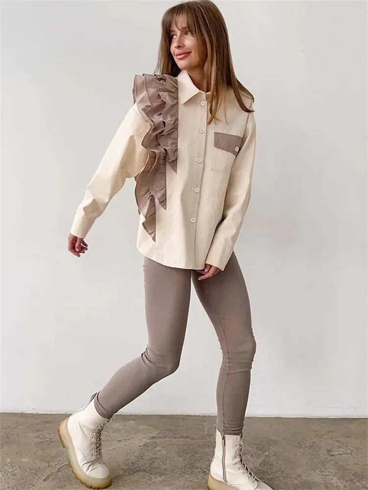 hulianfu -  Ruffled Patchwork Fashion Shirts For Women Pocket Lapel Casual Long Sleeve Cardigan Elegant Contrast Female Blouse Y2k Top