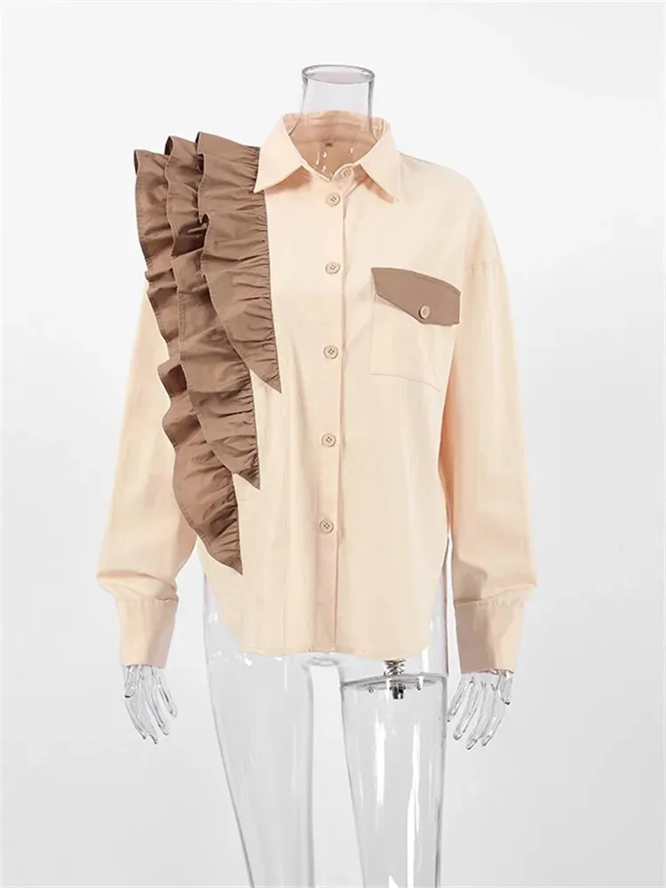 hulianfu -  Ruffled Patchwork Fashion Shirts For Women Pocket Lapel Casual Long Sleeve Cardigan Elegant Contrast Female Blouse Y2k Top