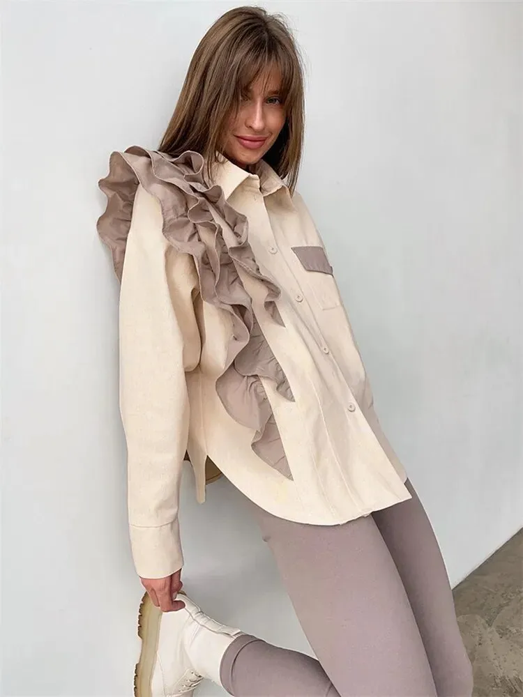 hulianfu -  Ruffled Patchwork Fashion Shirts For Women Pocket Lapel Casual Long Sleeve Cardigan Elegant Contrast Female Blouse Y2k Top