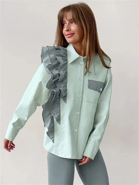 hulianfu -  Ruffled Patchwork Fashion Shirts For Women Pocket Lapel Casual Long Sleeve Cardigan Elegant Contrast Female Blouse Y2k Top
