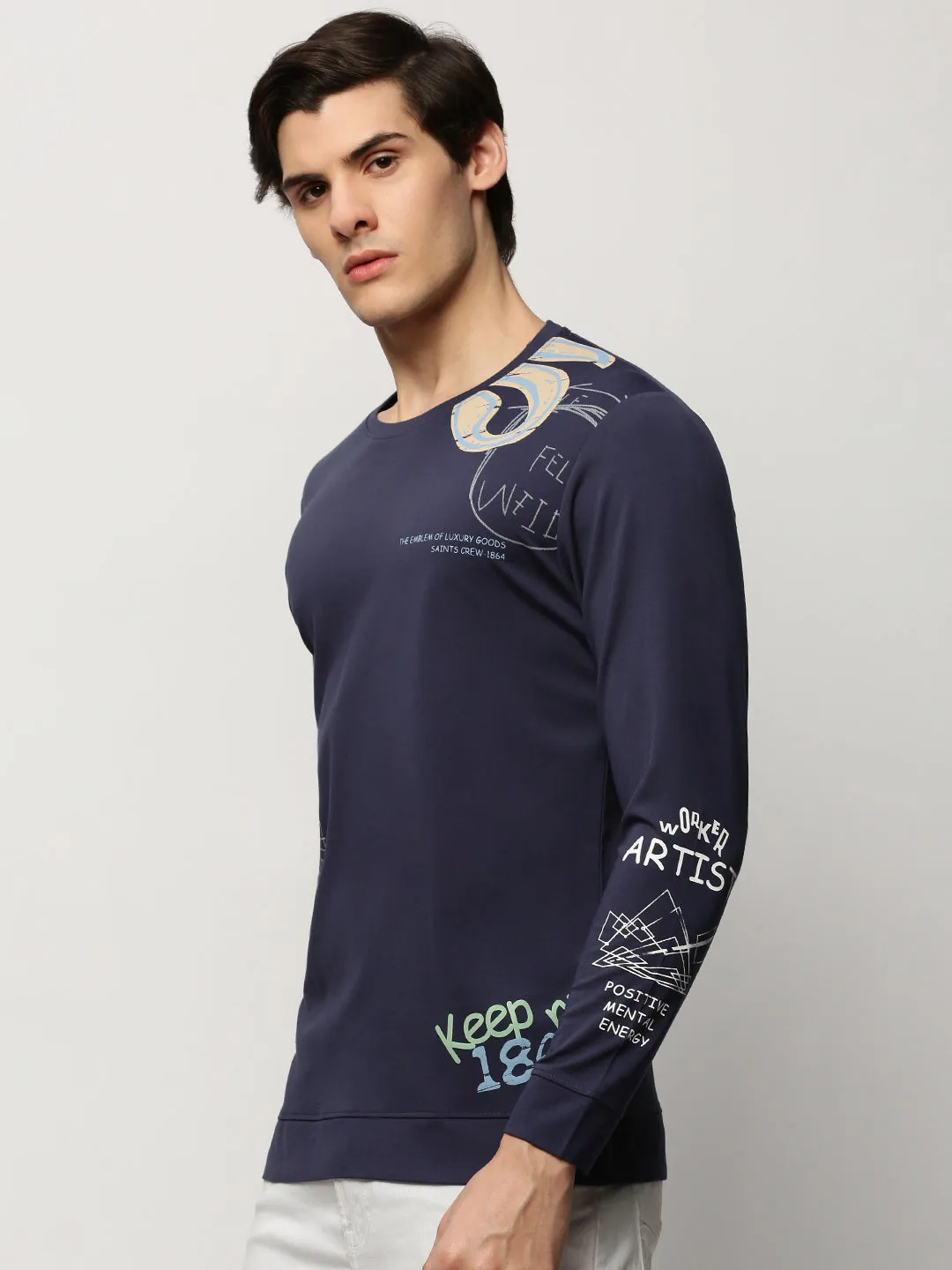 Men Blue Typographic Casual Sweatshirts