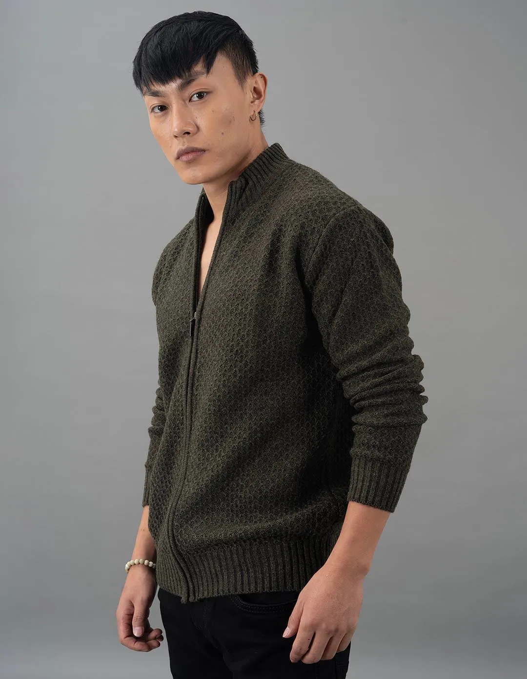 Olive Melange High Neck Pullover Sweater