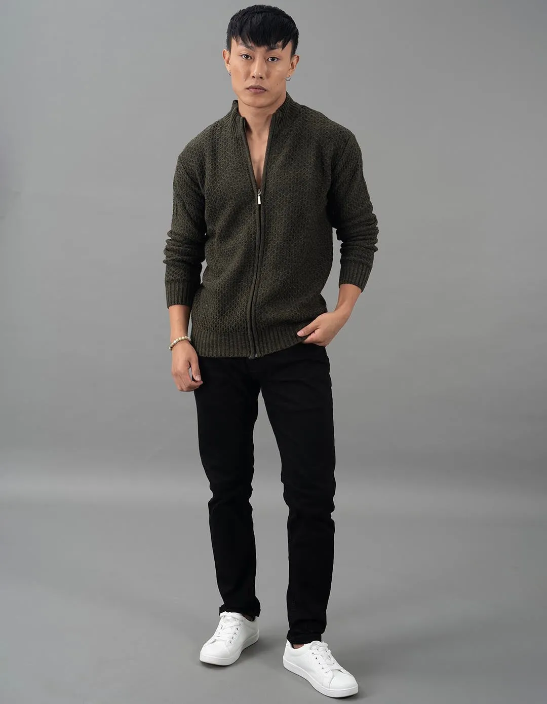 Olive Melange High Neck Pullover Sweater