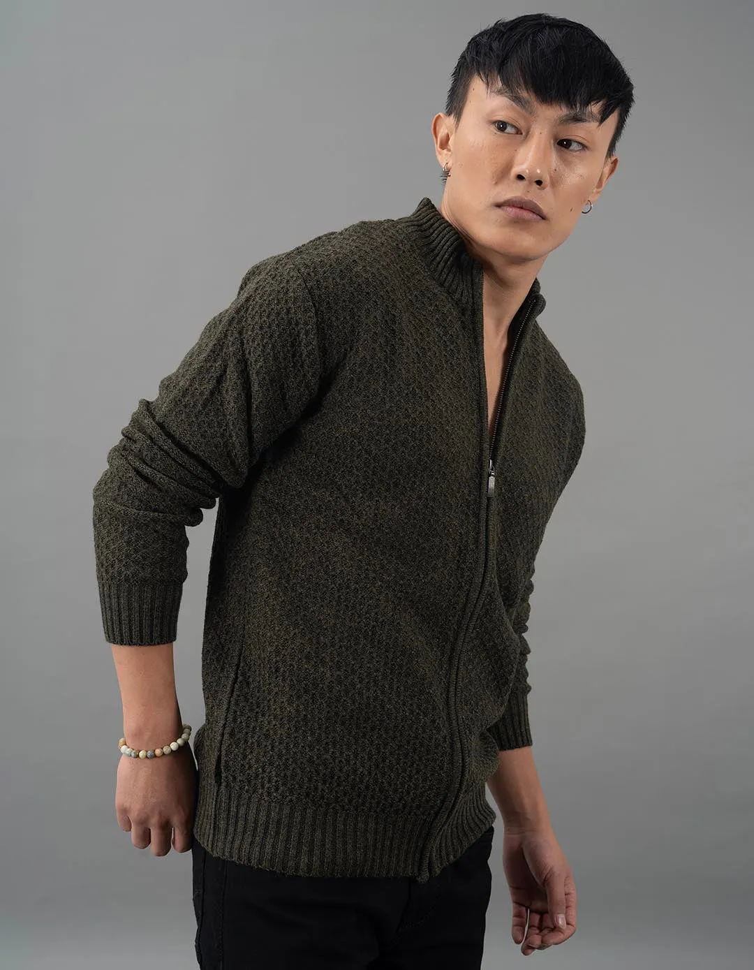 Olive Melange High Neck Pullover Sweater