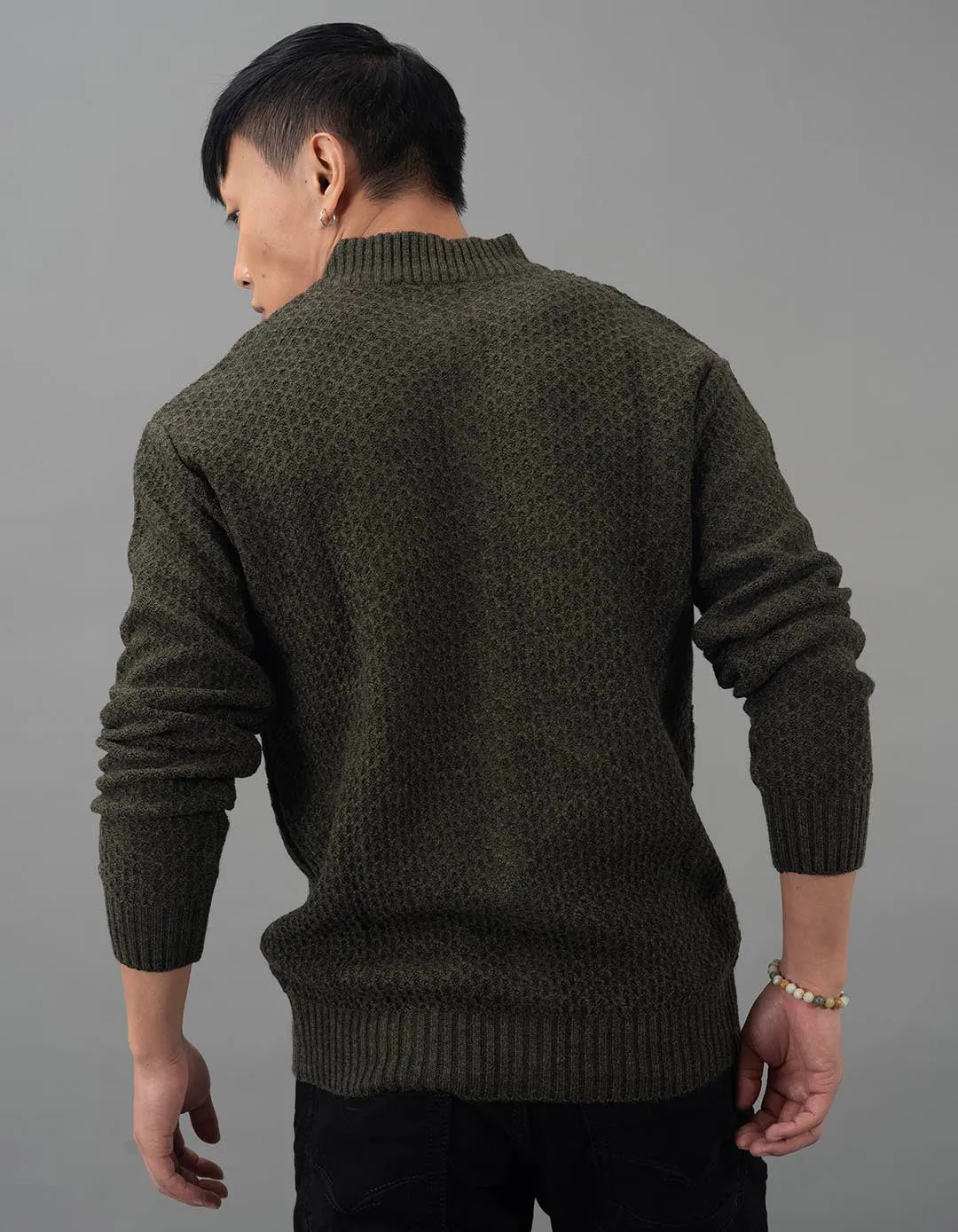 Olive Melange High Neck Pullover Sweater