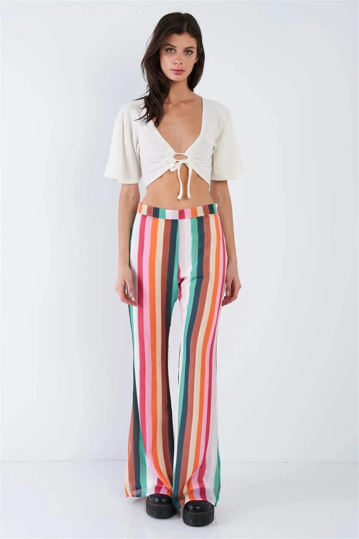 Orange Multi Stripe High Waist Festival Wide Leg Sheer Pants  / 1-2-2-1