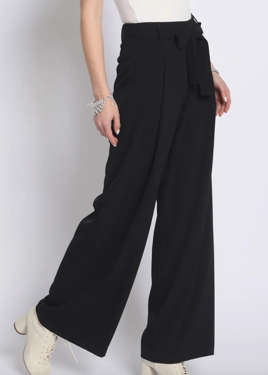 Pleated Black Wide Leg Bow Pants