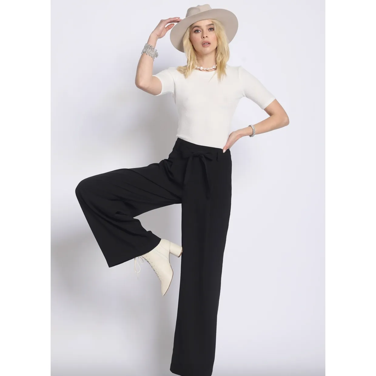 Pleated Black Wide Leg Bow Pants