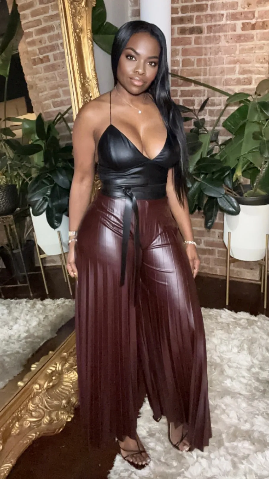 Pleated Vegan Leather Pants - Burgundy
