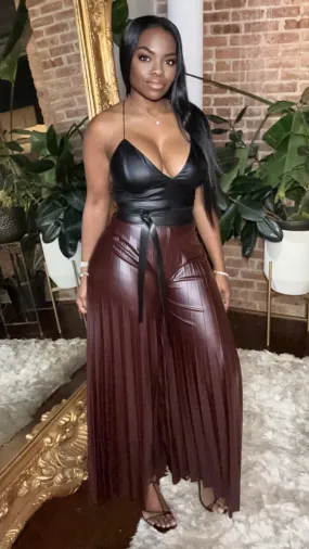 Pleated Vegan Leather Pants - Burgundy