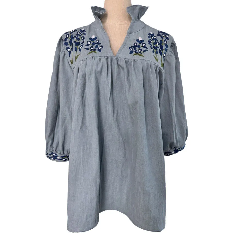 PRE-ORDER Faded Denim Bluebonnet Tailgater Blouse (shipping mid-June)