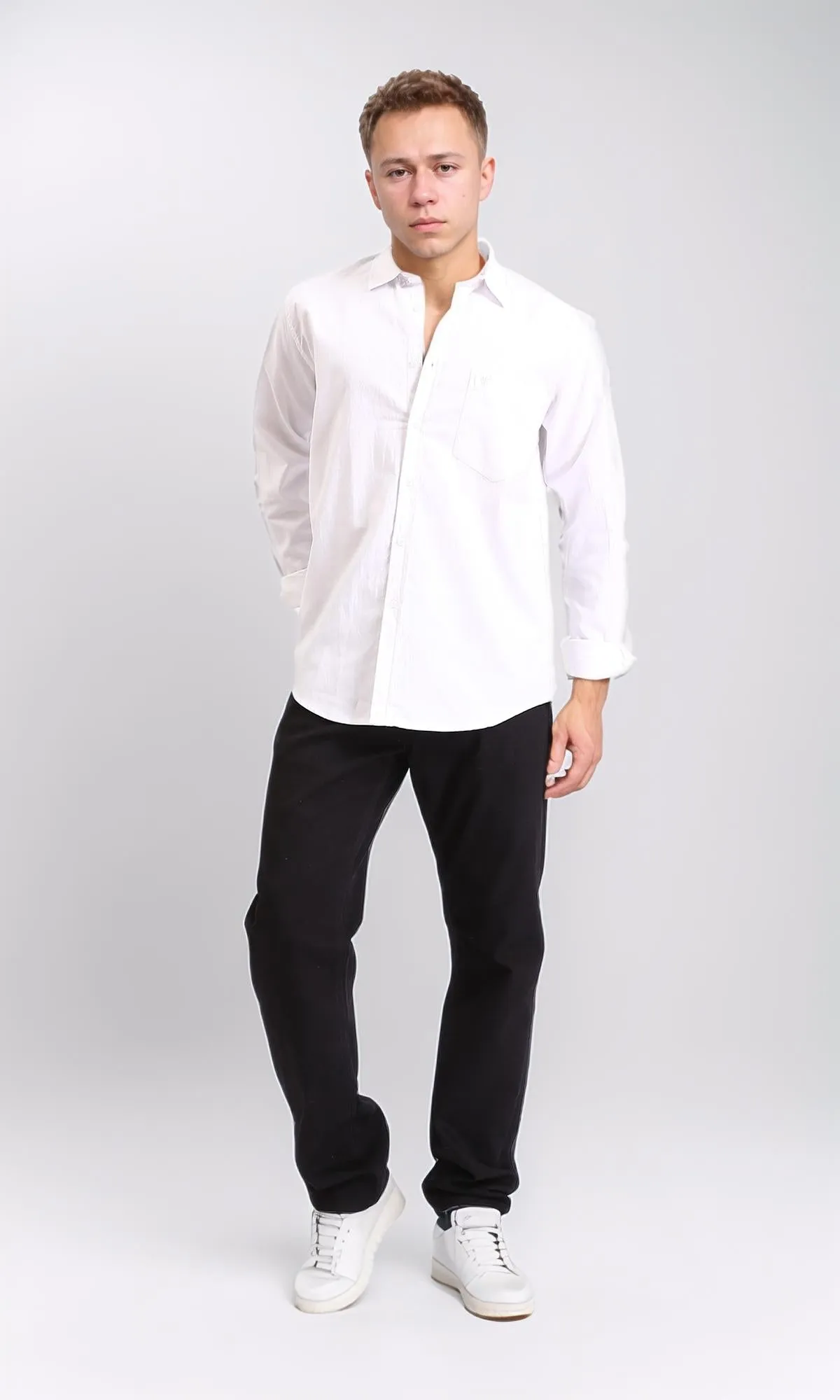 R206954 - Long Sleeves Solid Shirt with Front Pocket - White