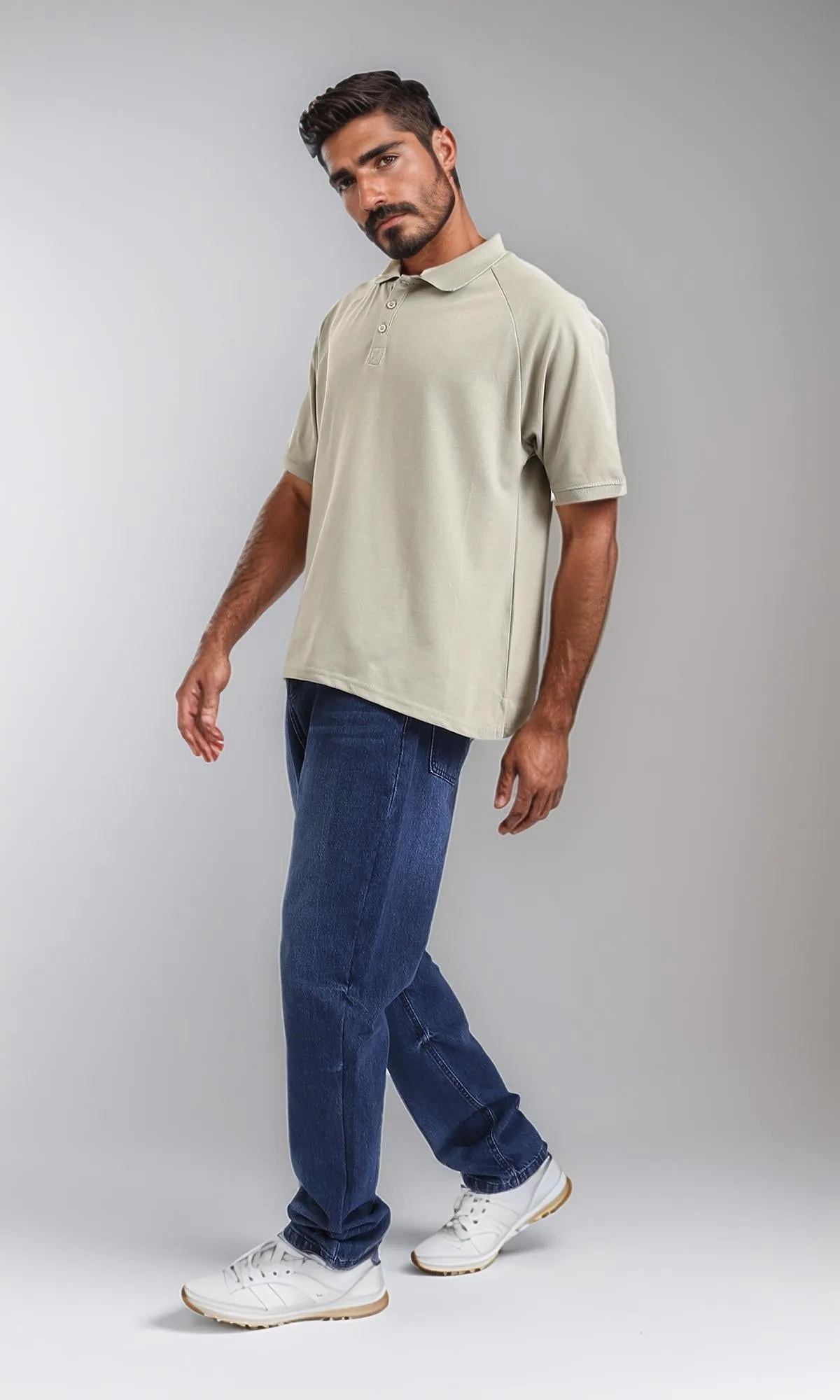R208949 - Elbow Sleeves Solid Polo Shirt - Light Olive