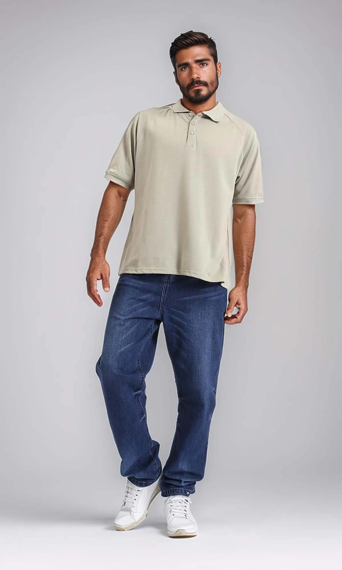 R208949 - Elbow Sleeves Solid Polo Shirt - Light Olive
