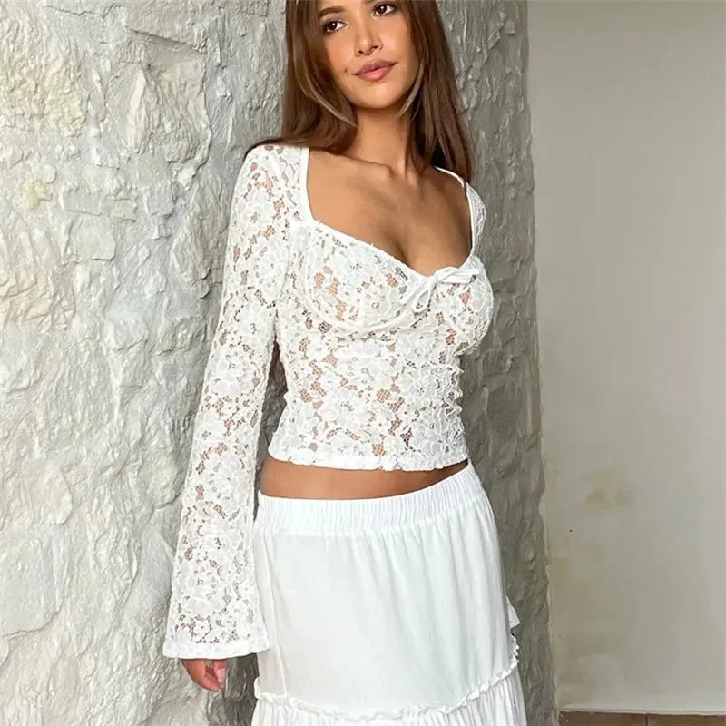 Sheer Lace T-shirt V-Neck Flared Long Sleeve Slim Fit Tee