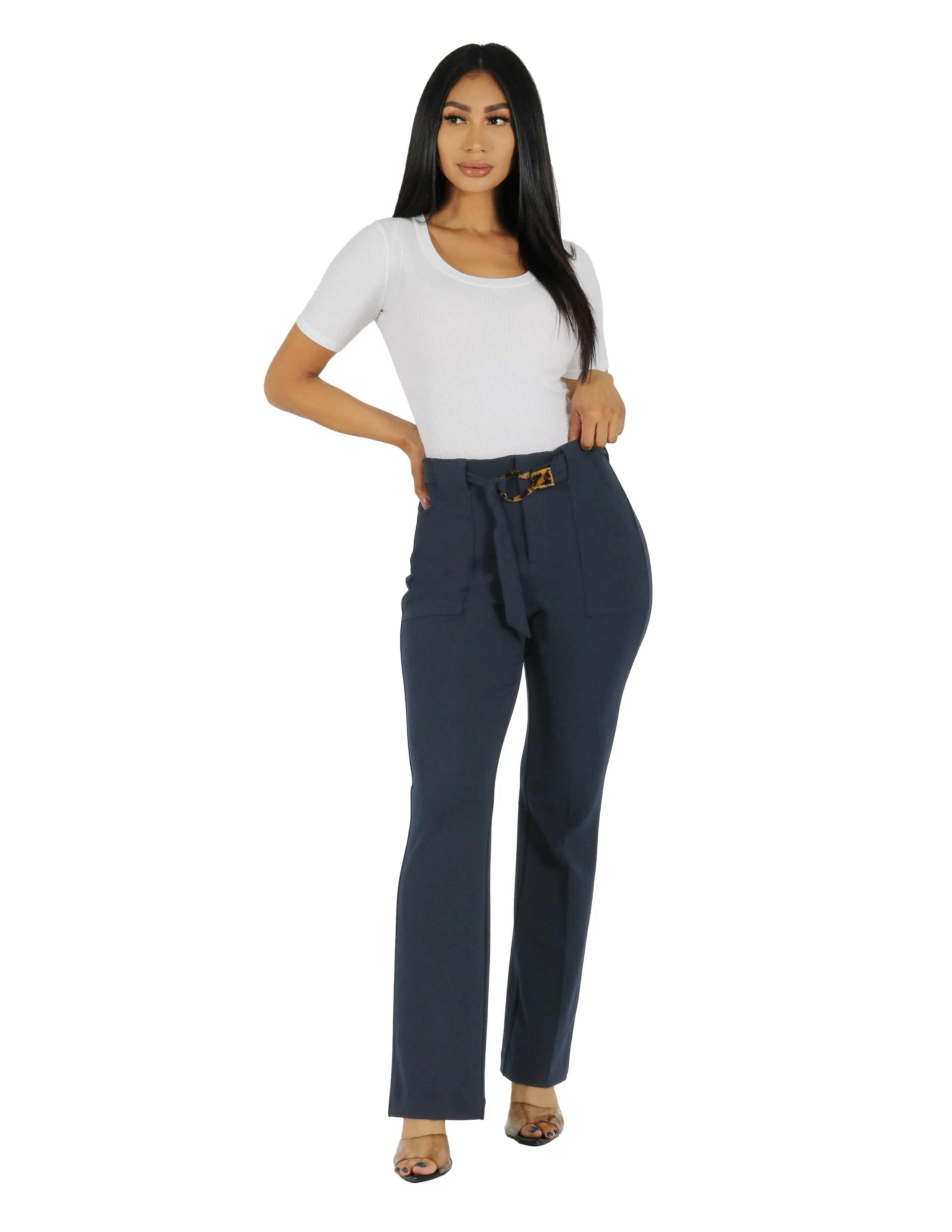 She's Busy High Rise Wide Leg Pant with Patch Pocket and Belt
