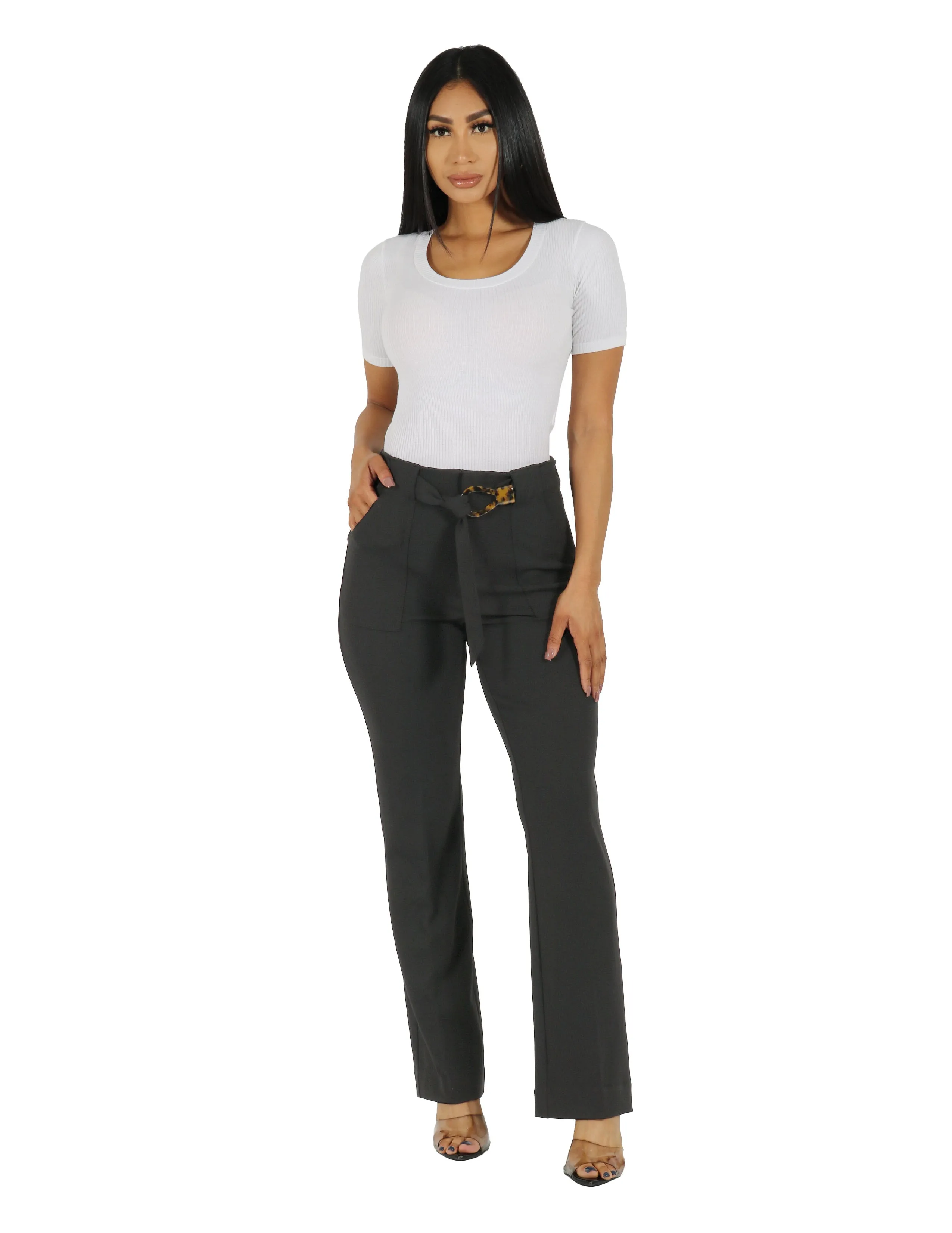 She's Busy High Rise Wide Leg Pant with Patch Pocket and Belt