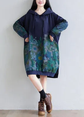 Trendy Navy Hooded Pockets Print Side Open Fall Sweatshirts Dress