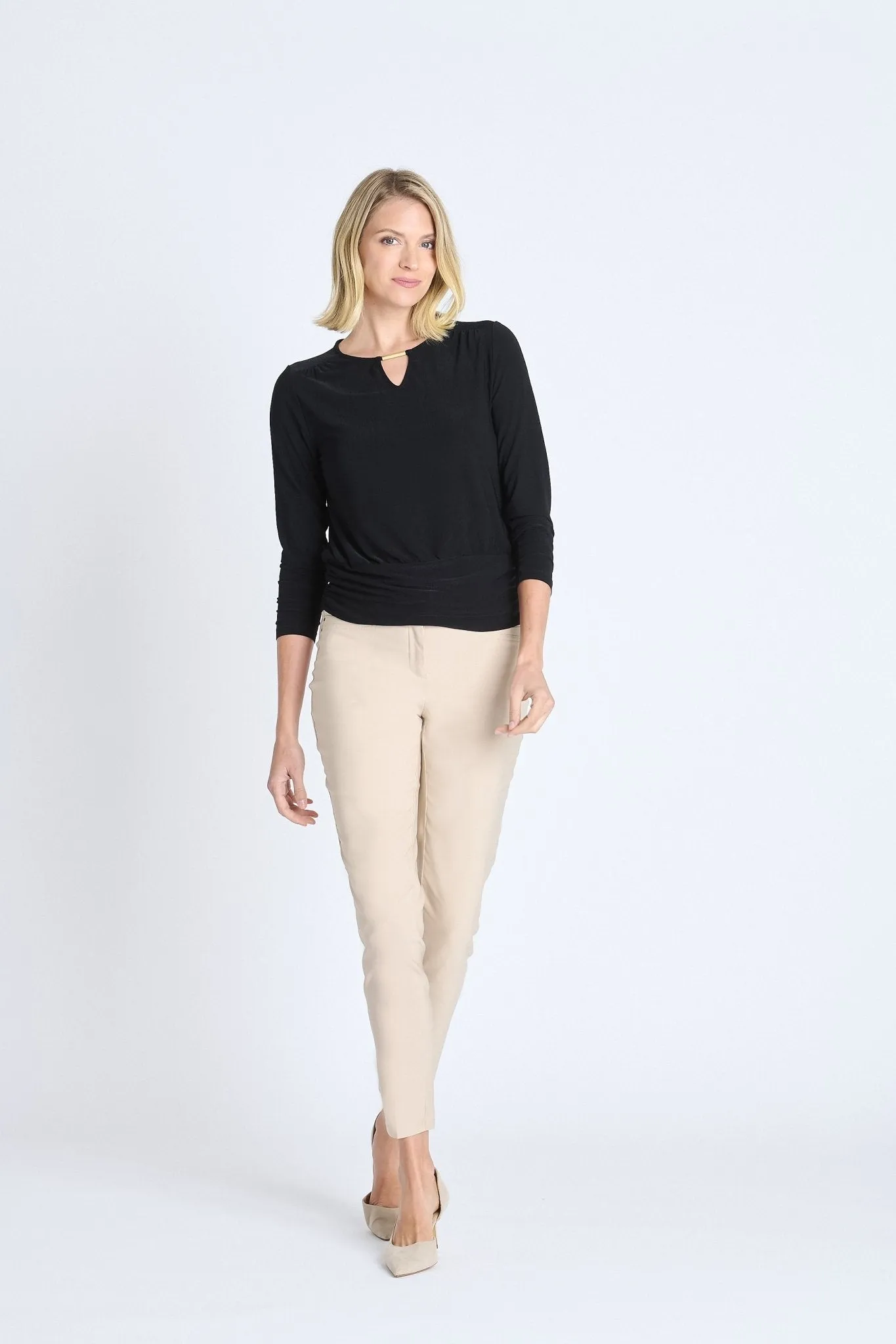 V-Neck Bar Trim Banded Top, Black