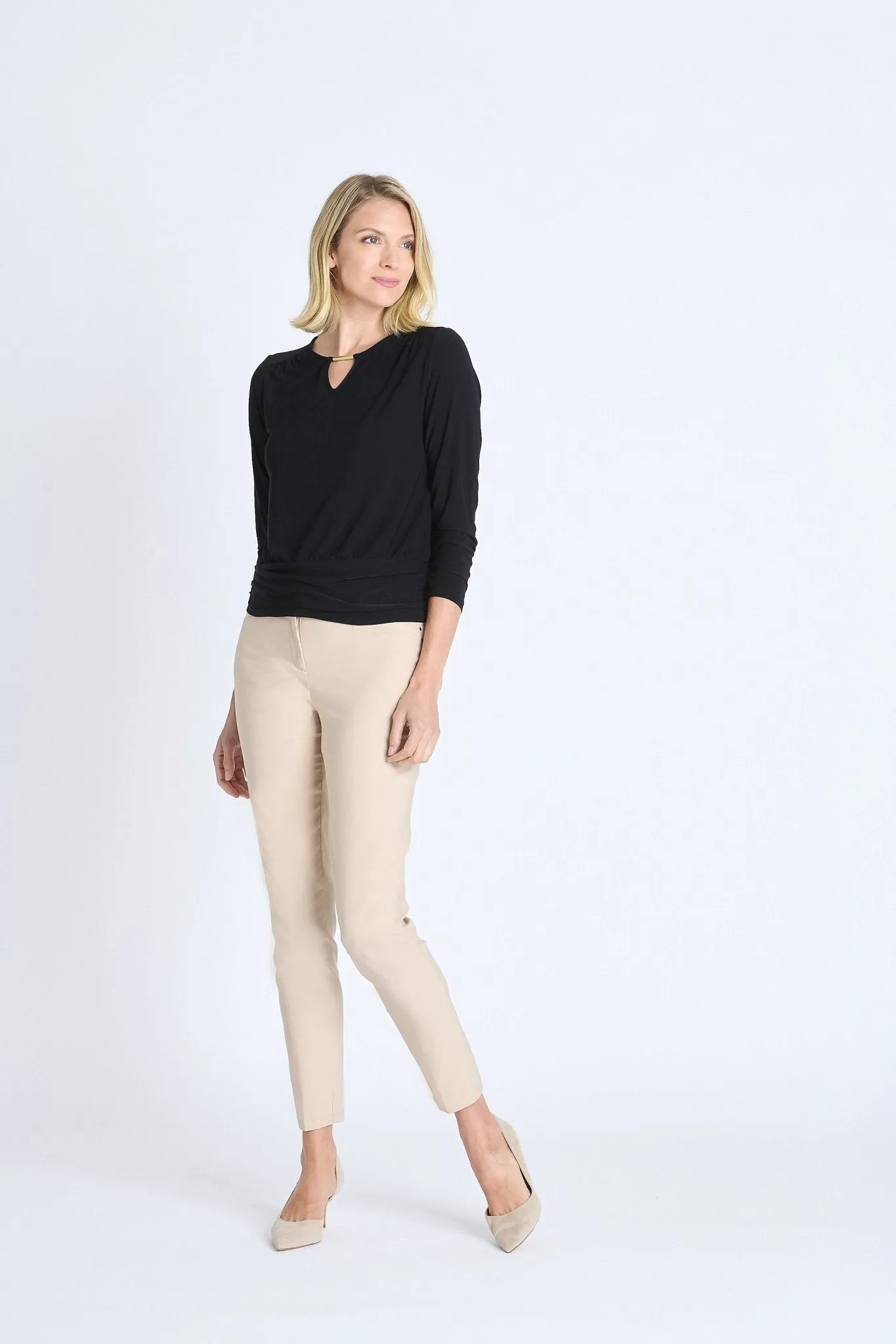 V-Neck Bar Trim Banded Top, Black